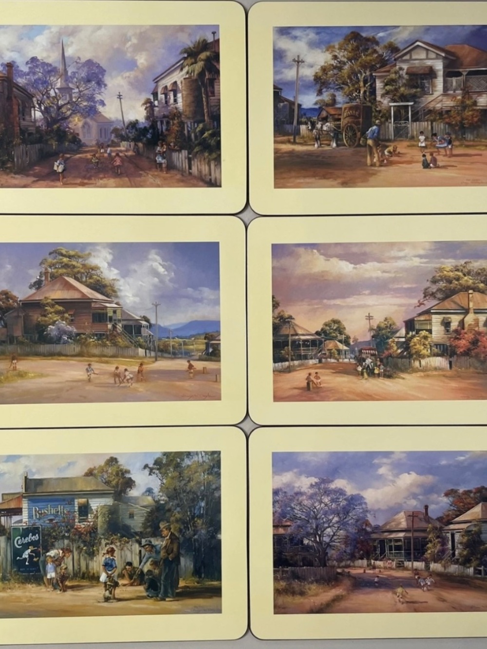 Set of 6 Vtg. D’Arcy Doyle Cork Backed Placemats - Children at Play - Australia